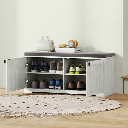 Padded Shoe Storage Bench with 4 Compartments for 8 Pairs, Light Grey