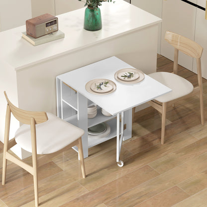 Folding Dining Table with Built-In Storage Shelves - White
