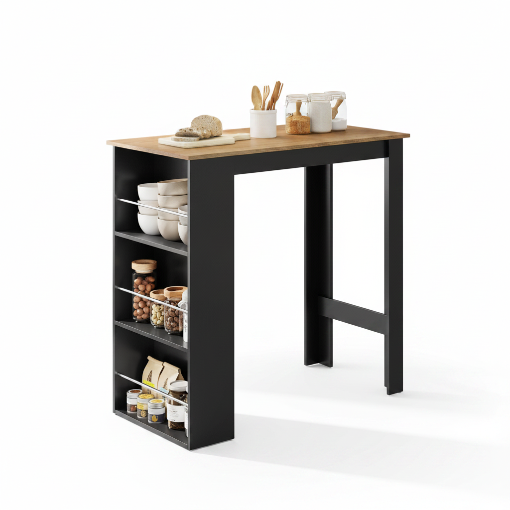 Counter-Height Bar Table with Storage Shelves, Walnut