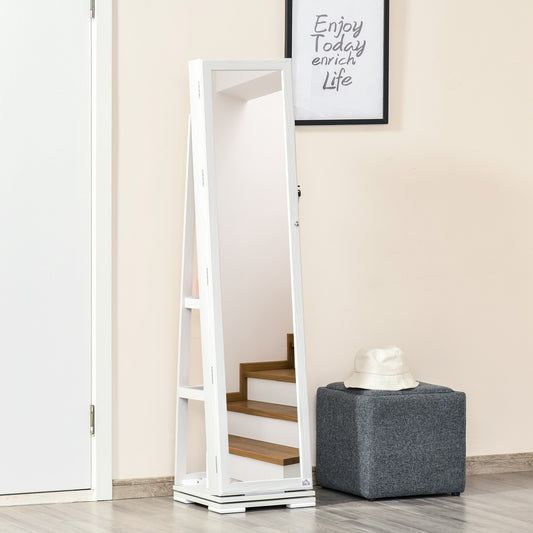 360° Swivel Jewelry Armoire with Lockable Mirror Cabinet, White