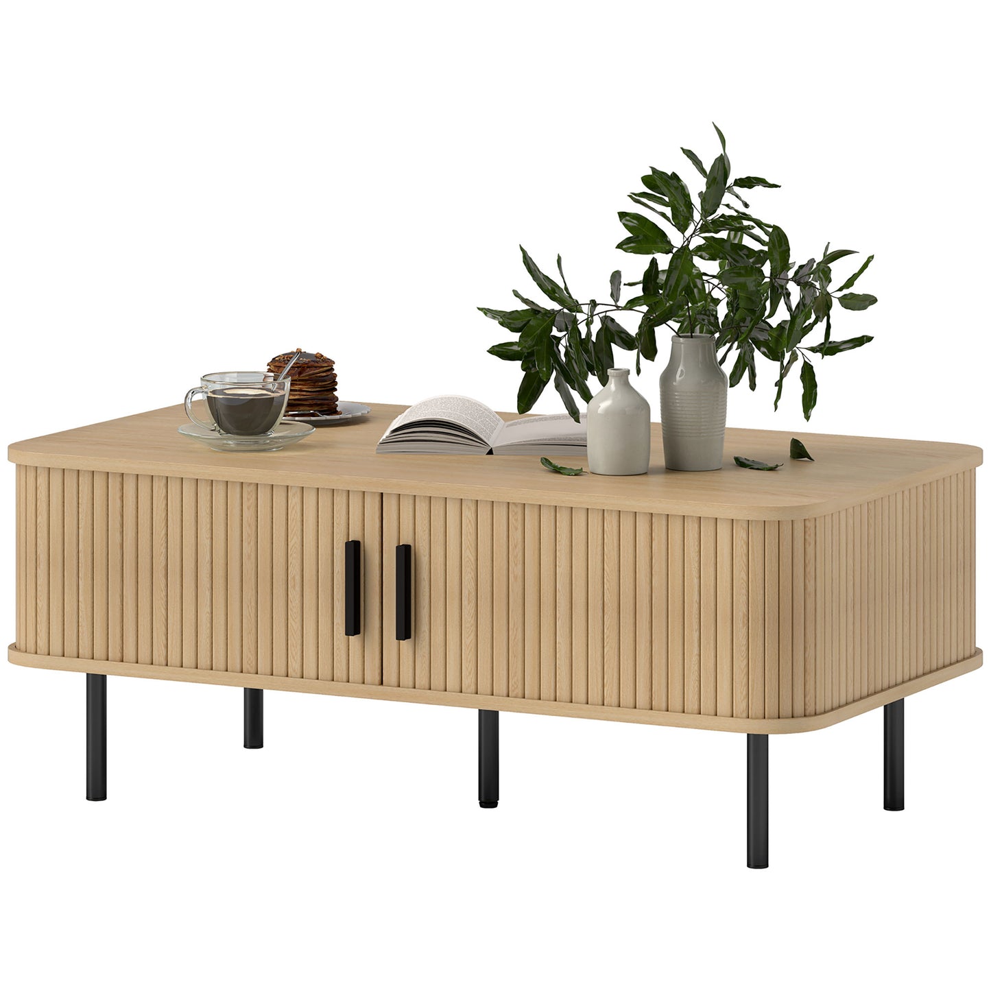 Nordic Coffee Table with Sliding Tambour Doors, Oak