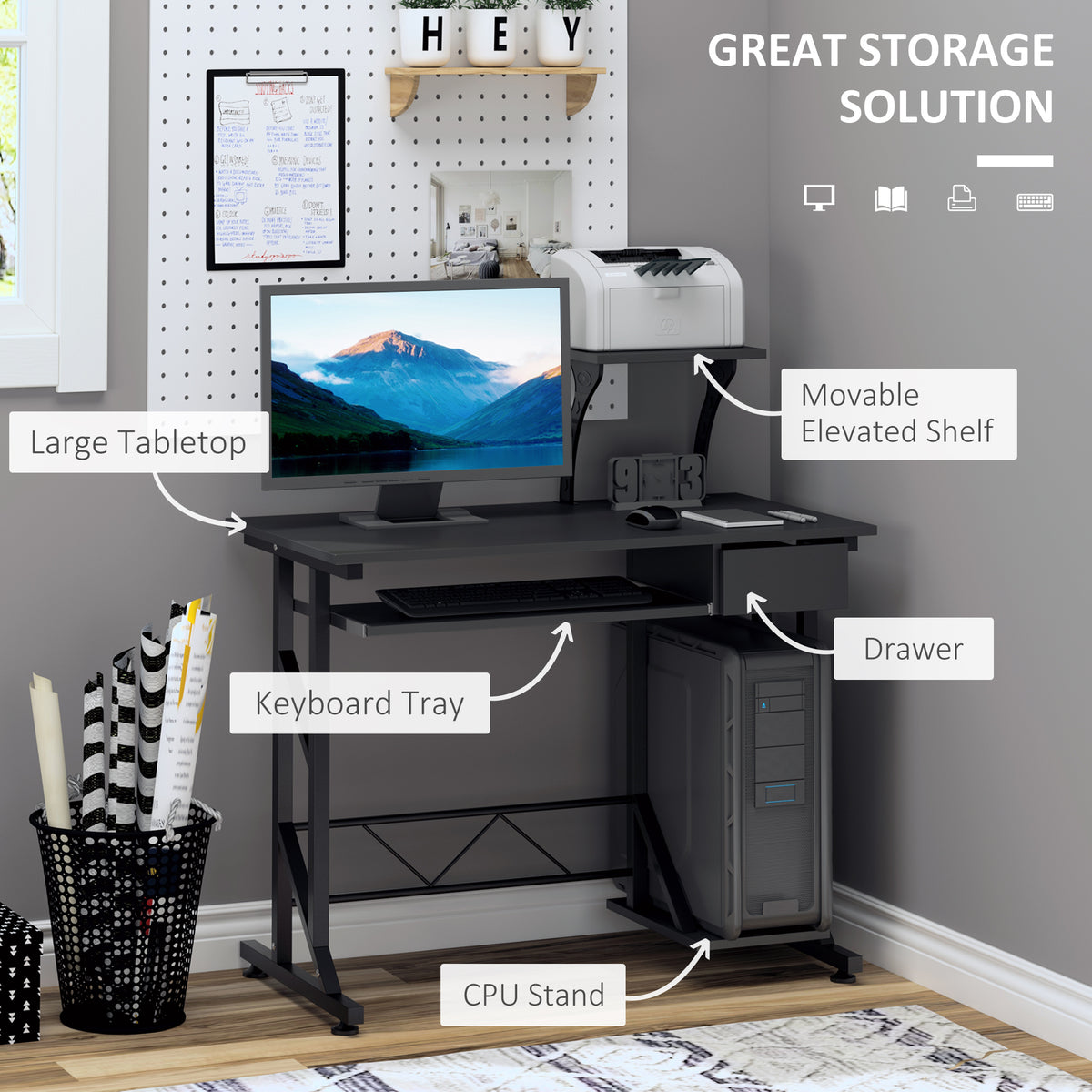 35" Computer Desk with Keyboard Tray and Drawer, Black