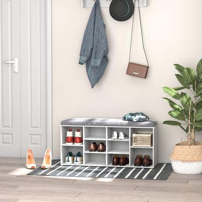 Upholstered Shoe Storage Bench with Adjustable Shelves, White
