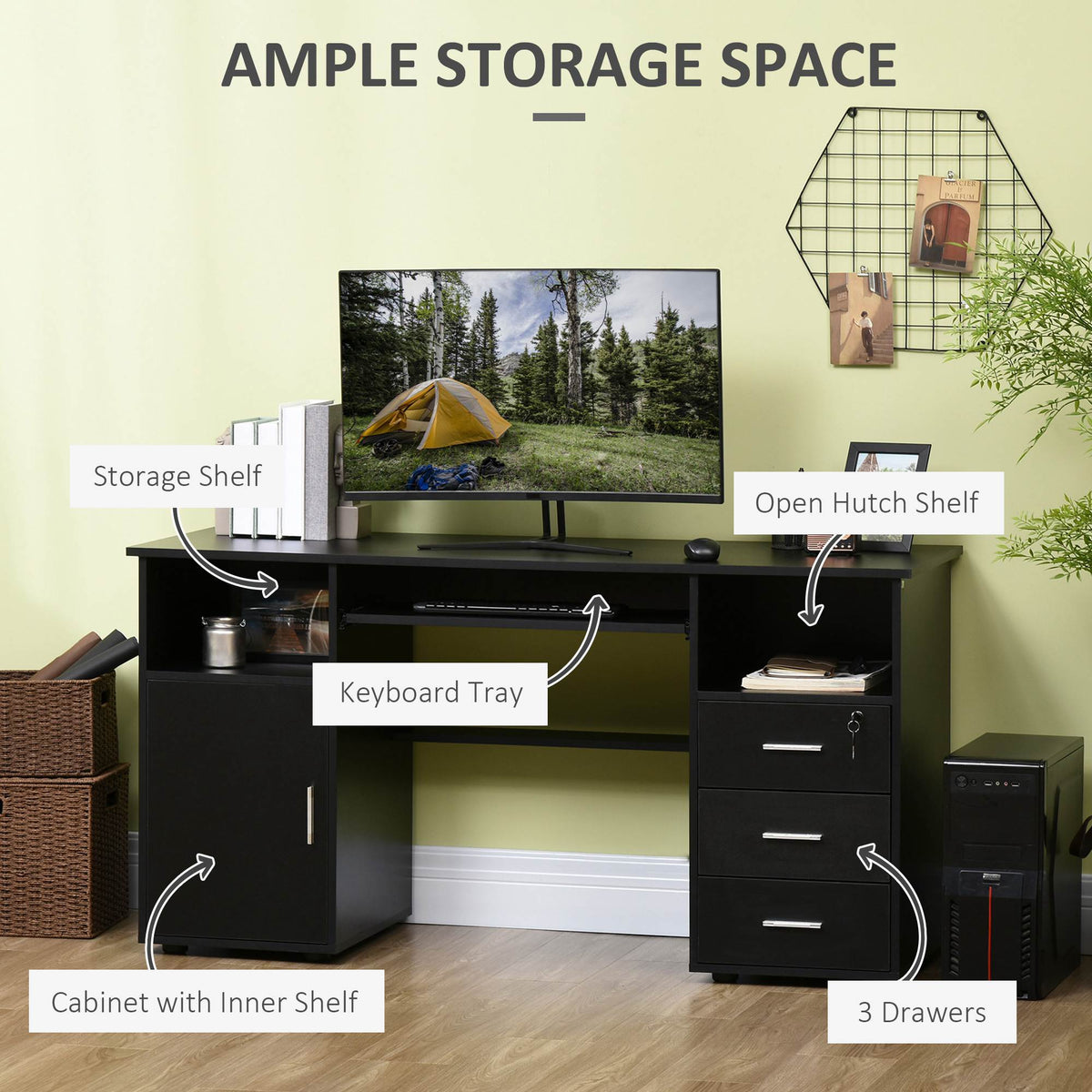 57" Computer Desk with Keyboard Tray and Lockable Drawer, Black