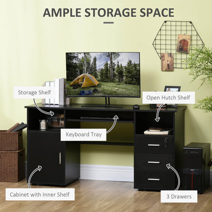 57" Computer Desk with Keyboard Tray and Lockable Drawer, Black