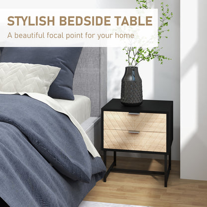 Modern Herringbone Nightstand with Steel Frame, Black and Oak