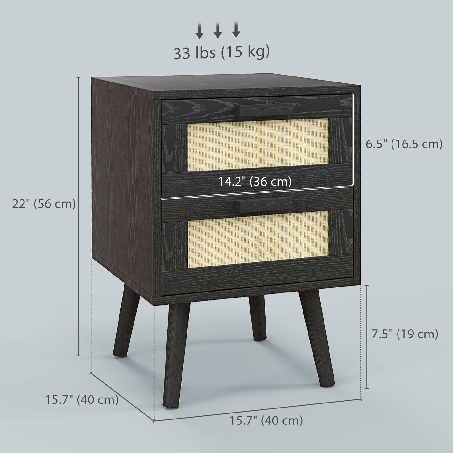 Boho Nightstands with Woven Rattan Drawers, Black (Set of 2)