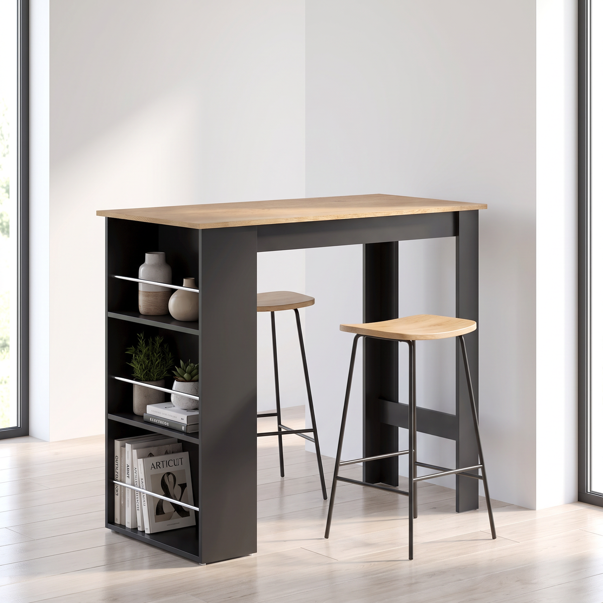 Counter-Height Bar Table with Storage Shelves, Walnut