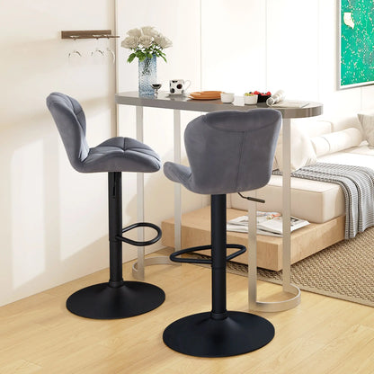 Velvet-Touch Adjustable Height Bar Stools with Diamond Tufting, Gray (Set of 2)
