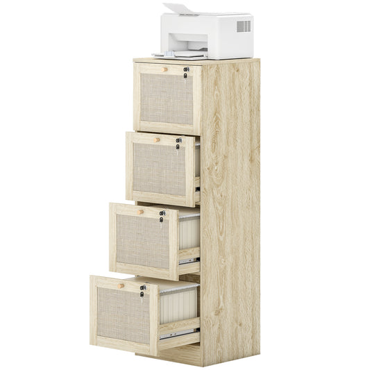 4 Drawer Filing Cabinet with Lock, Boho File Cabinet for A4 Letter Size Files with Decorative Rattan Accents, Oak