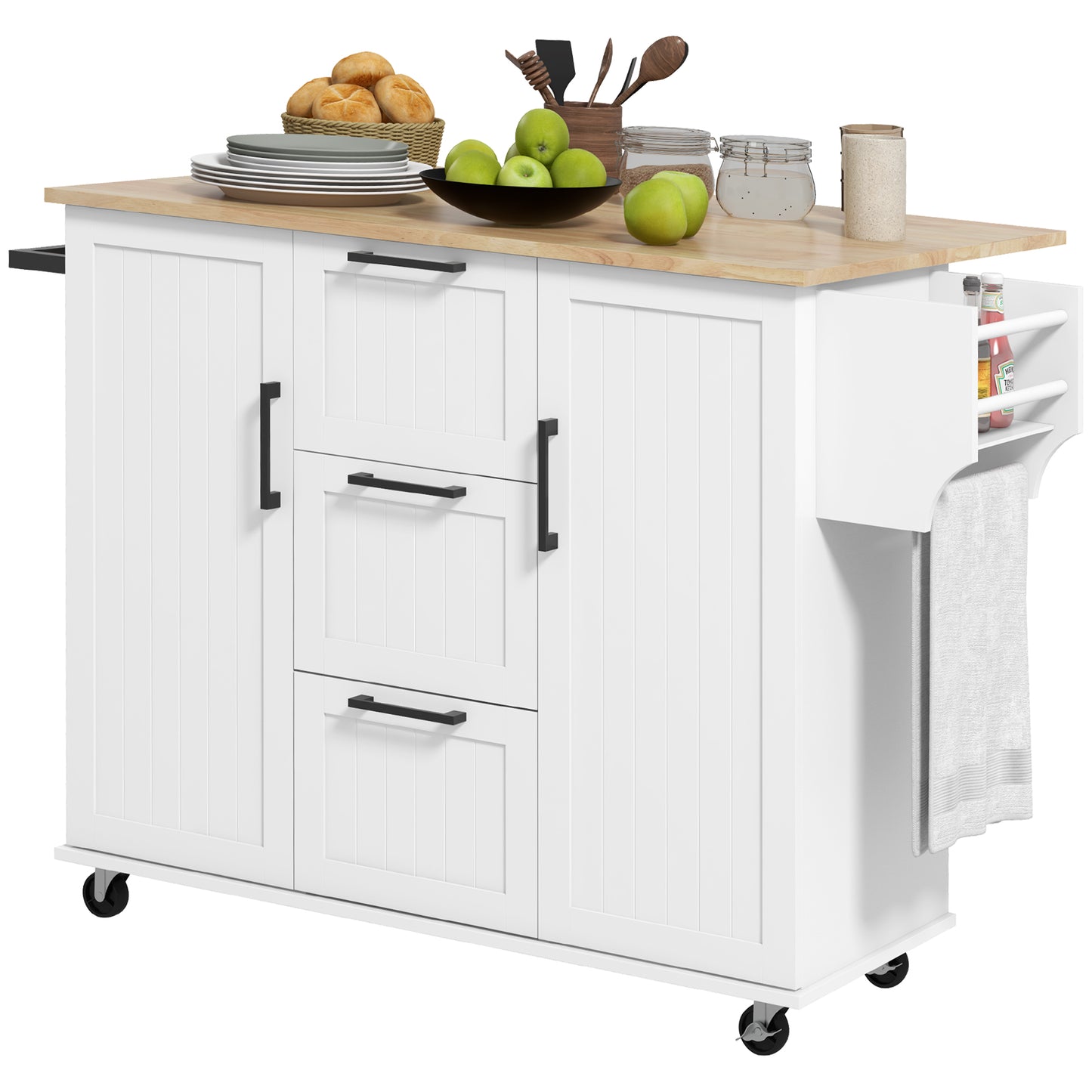 Rolling Kitchen Cart with Drop Leaf, 3 Drawers and Solid Wood Top, White