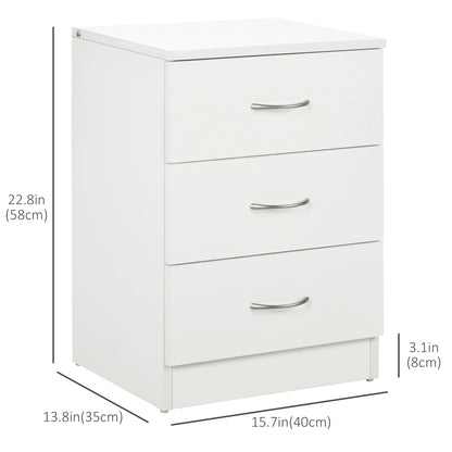 Bedside Table with 3 Drawers, Modern Wood Nightstand, White