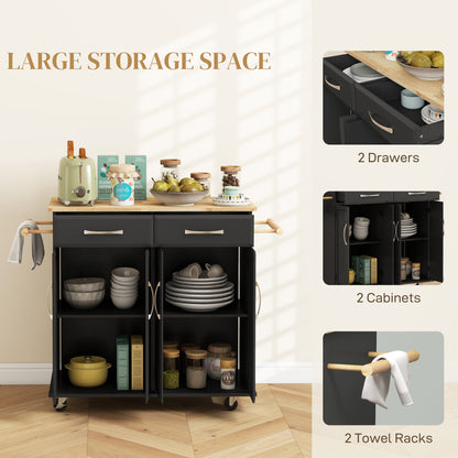 Rolling Kitchen Island Cart with Rubber Wood Top and 4 Doors and 2 Drawers