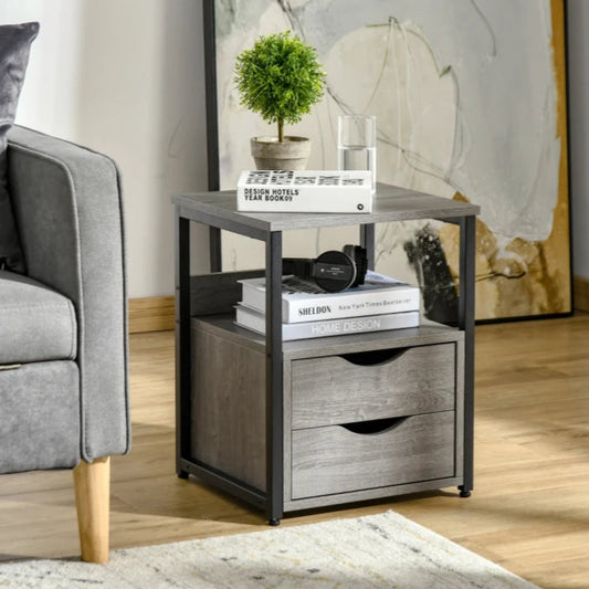 Industrial Style Nightstand with 2 Drawers and Storage Shelf, Gray