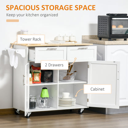 Rolling Kitchen Island Cart with Rubber Wood Top and Storage Drawers, White