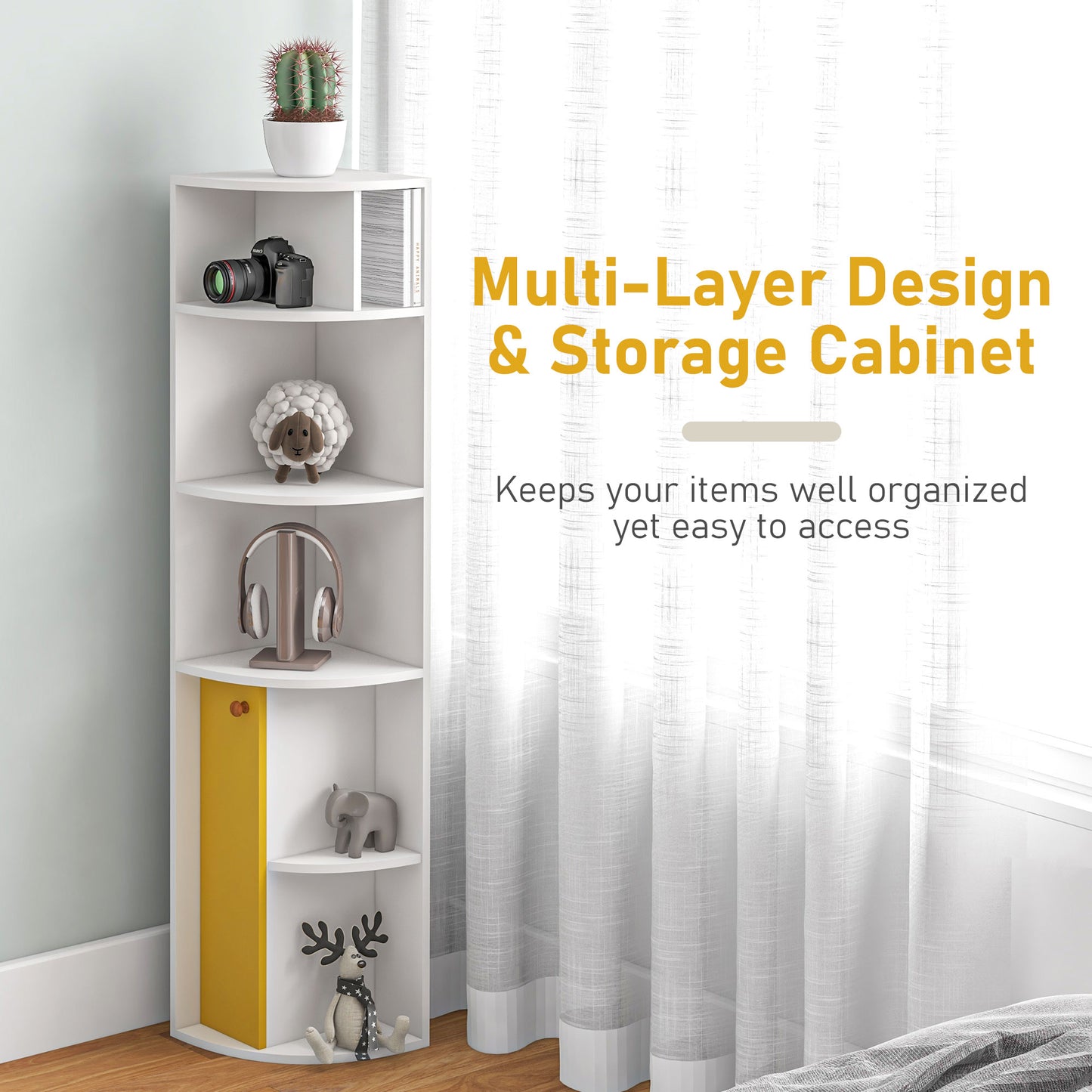 5-Tier Corner Bookcase with Cabinet, White