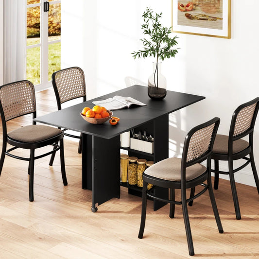 Extendable Dining Table with Storage Shelves and Rolling Wheels - Black