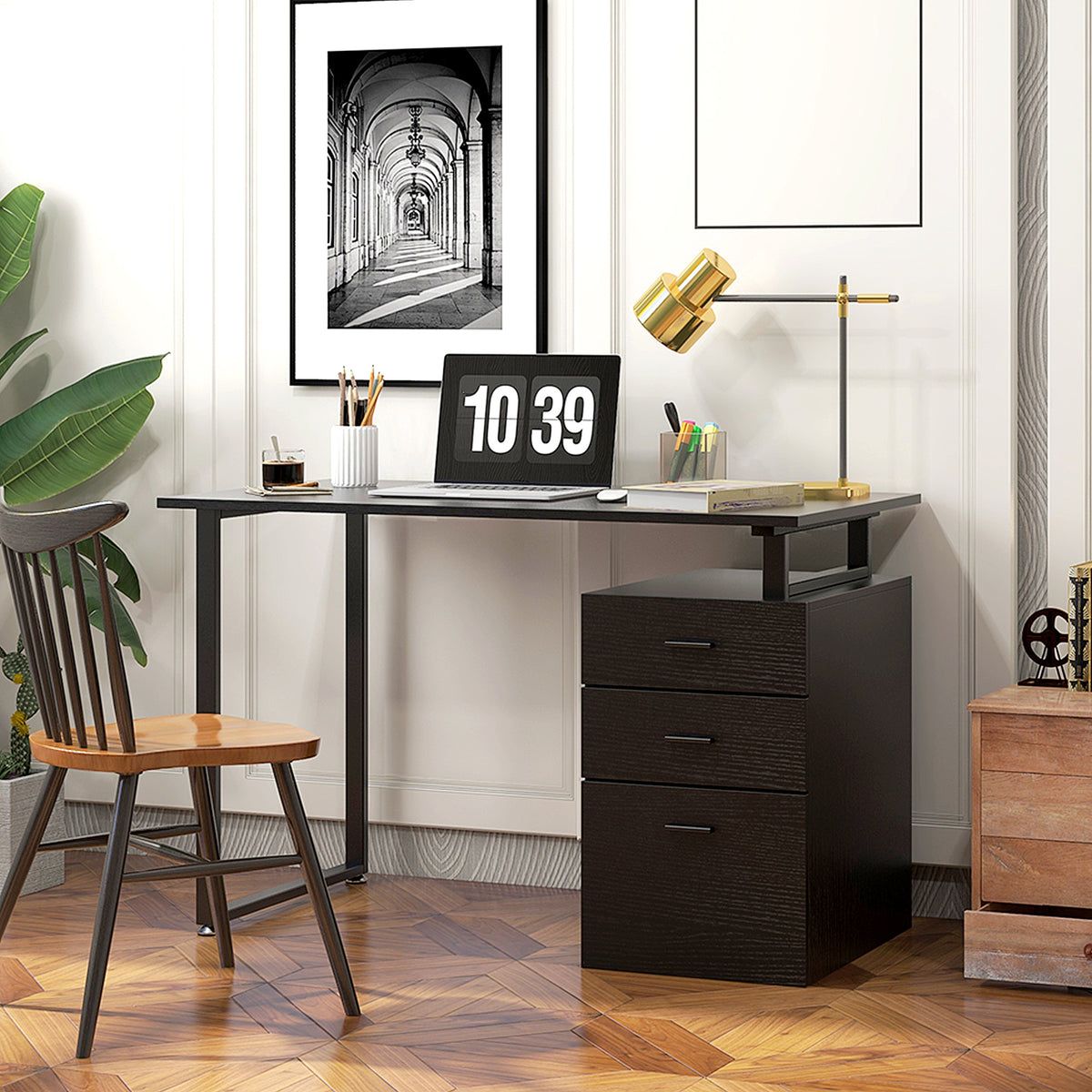 47" Computer Desk with Reversible 3-Drawer Cabinet, Black