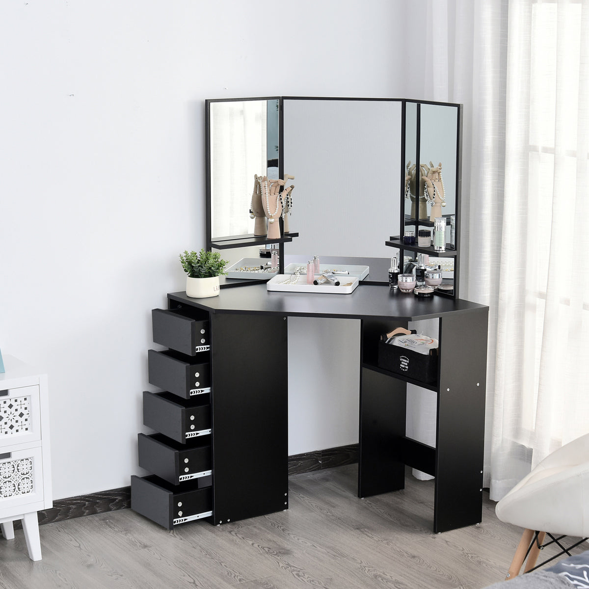 Corner Makeup Vanity Desk with 3-Piece Mirror, Black