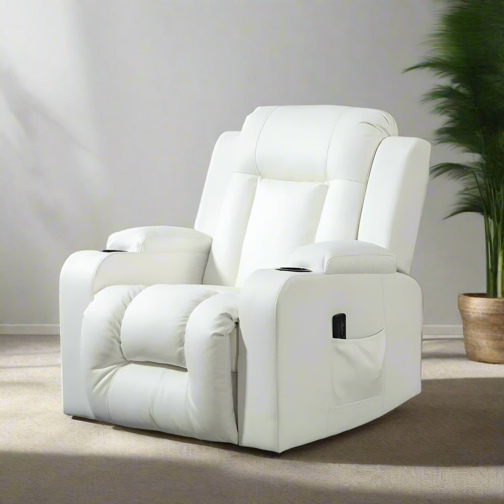 360° Swivel Massage Recliner Chair with Cup Holders, Cream White