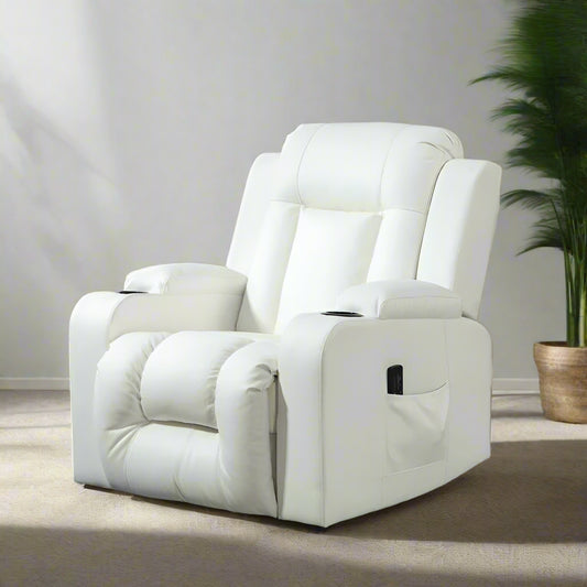 360° Swivel Massage Recliner Chair with Cup Holders, Cream White