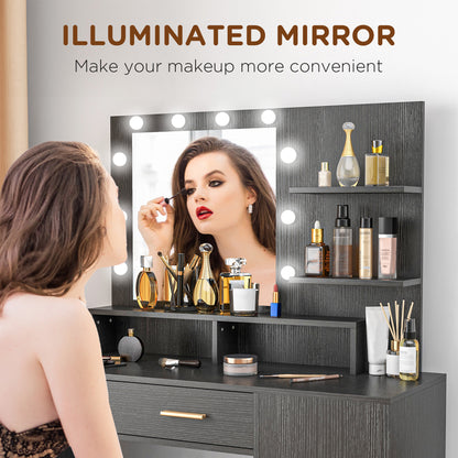 LED Vanity Table Set with Stool and Storage, Black