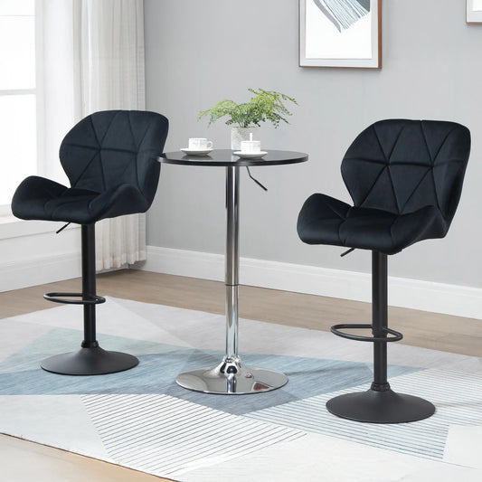 Velvet-Touch Adjustable Height Bar Stools with Diamond Tufting, Black (Set of 2)