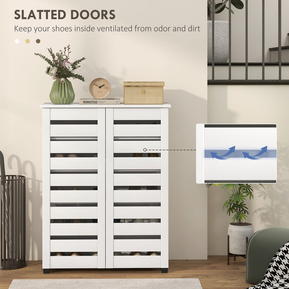 Slatted-Door Shoe Storage Cabinet, for 15 Pairs, White