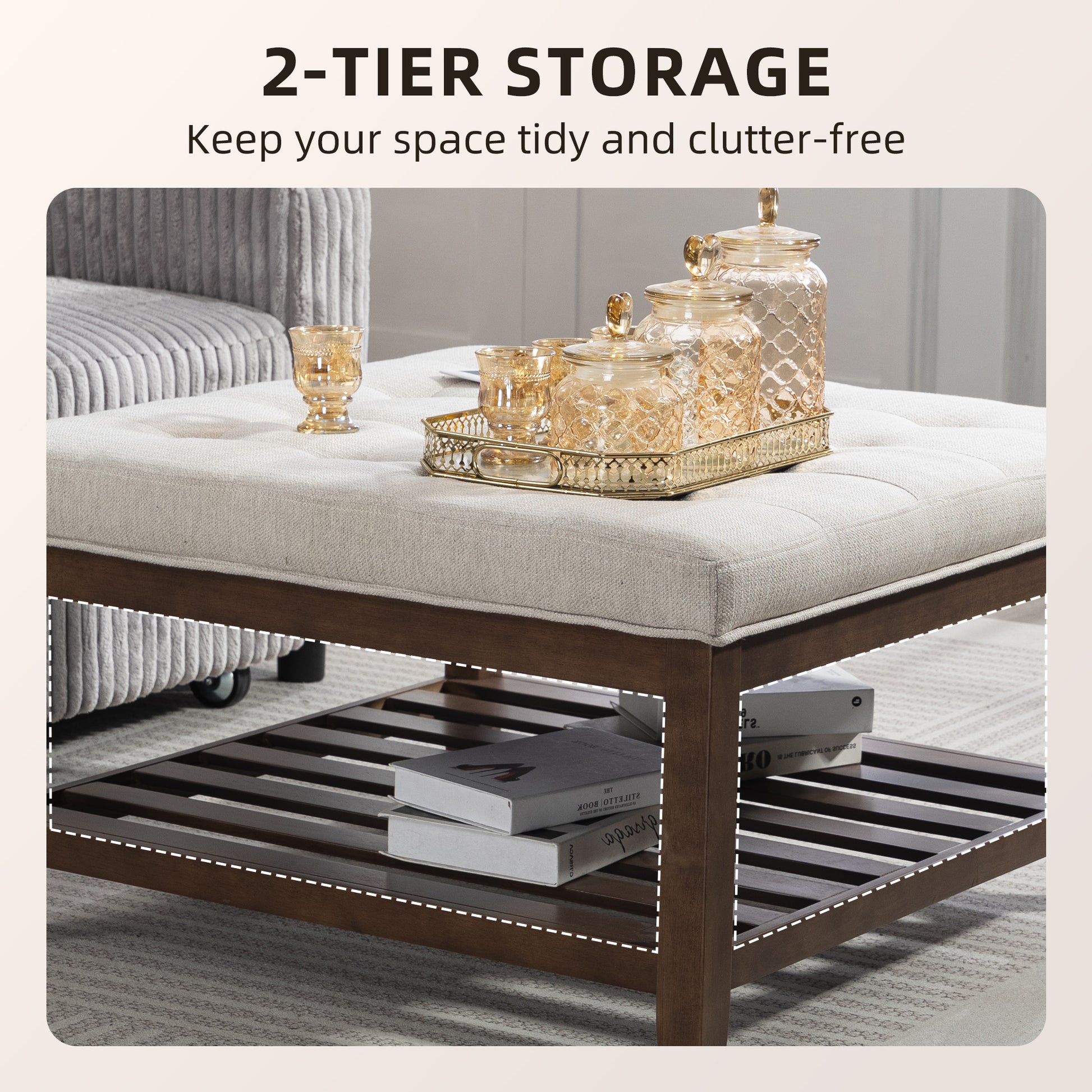 Rectangular Storage Ottoman with Tray Top, Beige