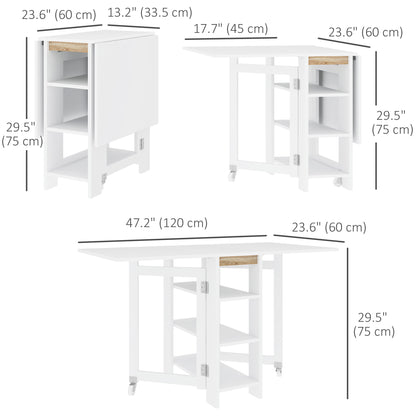 Folding Dining Table with Built-In Storage Shelves - White