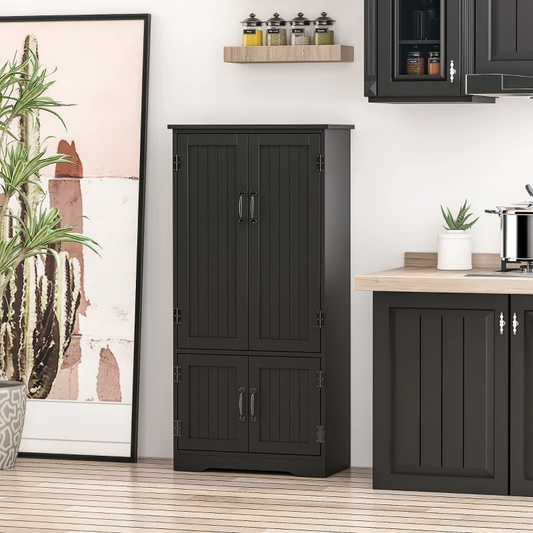 4-Door Storage Cabinet with Adjustable Shelves, 48" Tall Pantry Organizer, Black