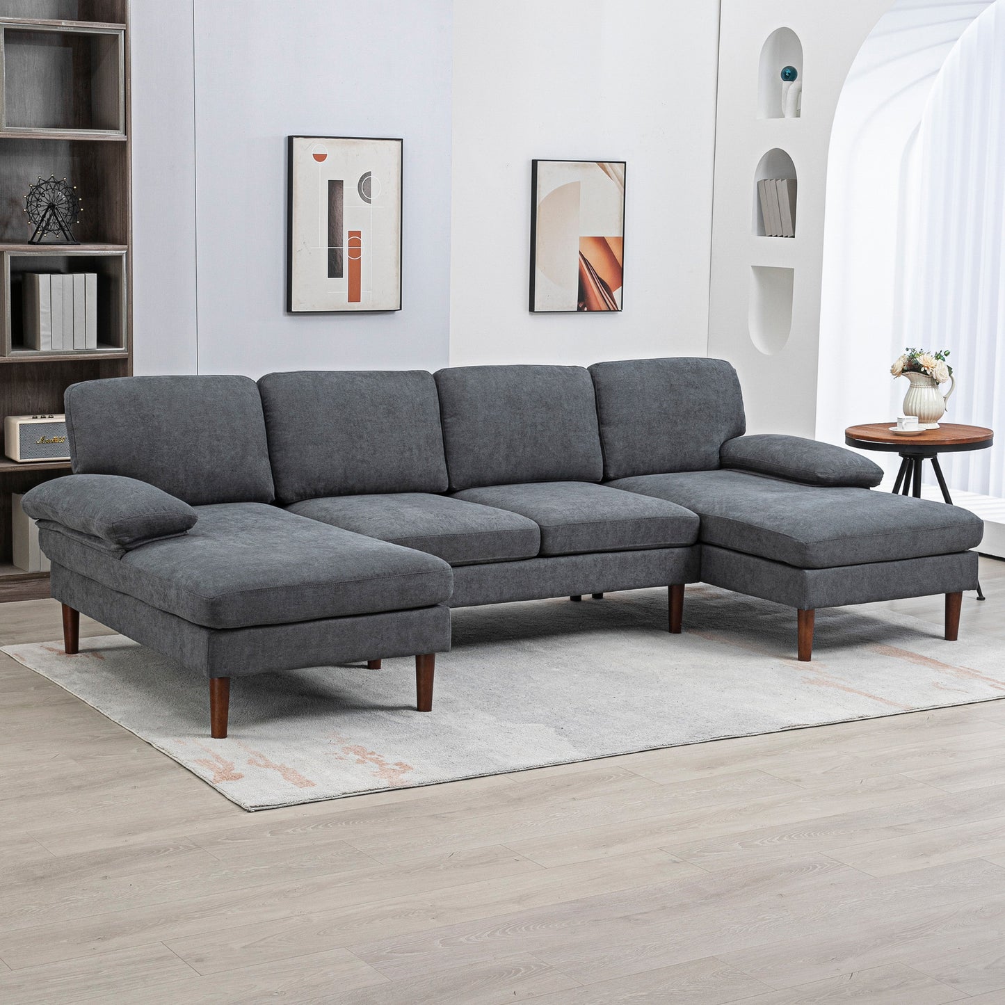 U-Shaped Sectional Sofa with Double Chaise Lounge, Dark Grey