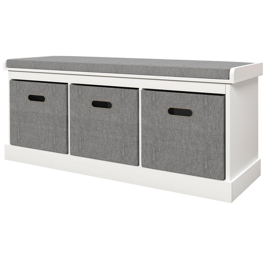 Shoe Storage Bench with 3 Fabric Drawers, White