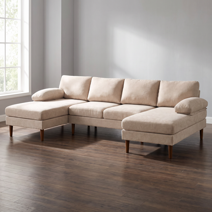 U-Shaped Sectional Sofa with Double Chaise Lounge, Beige