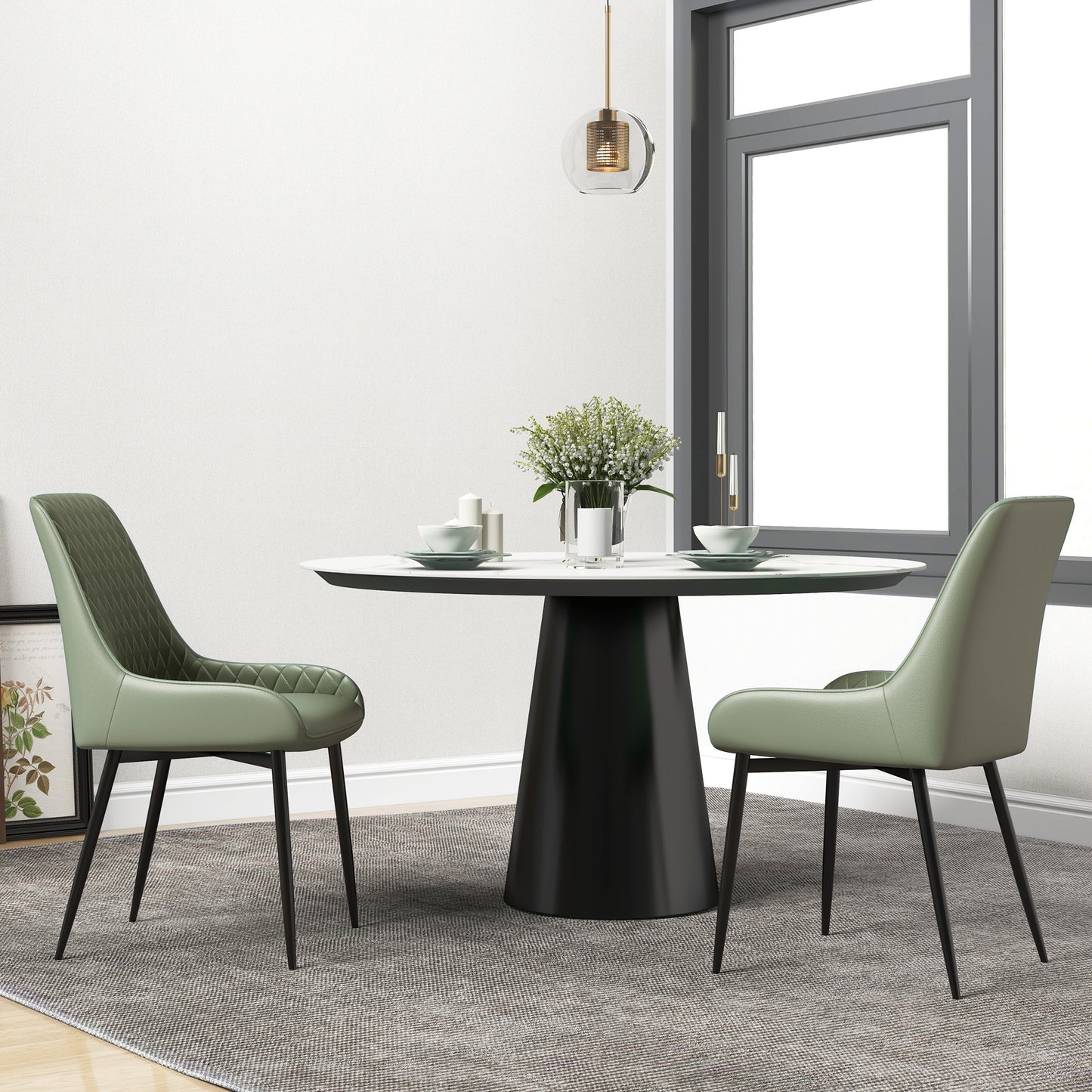 PU Leather Dining Chairs with Diamond Tufting and Metal Legs, Green (Set of 2)