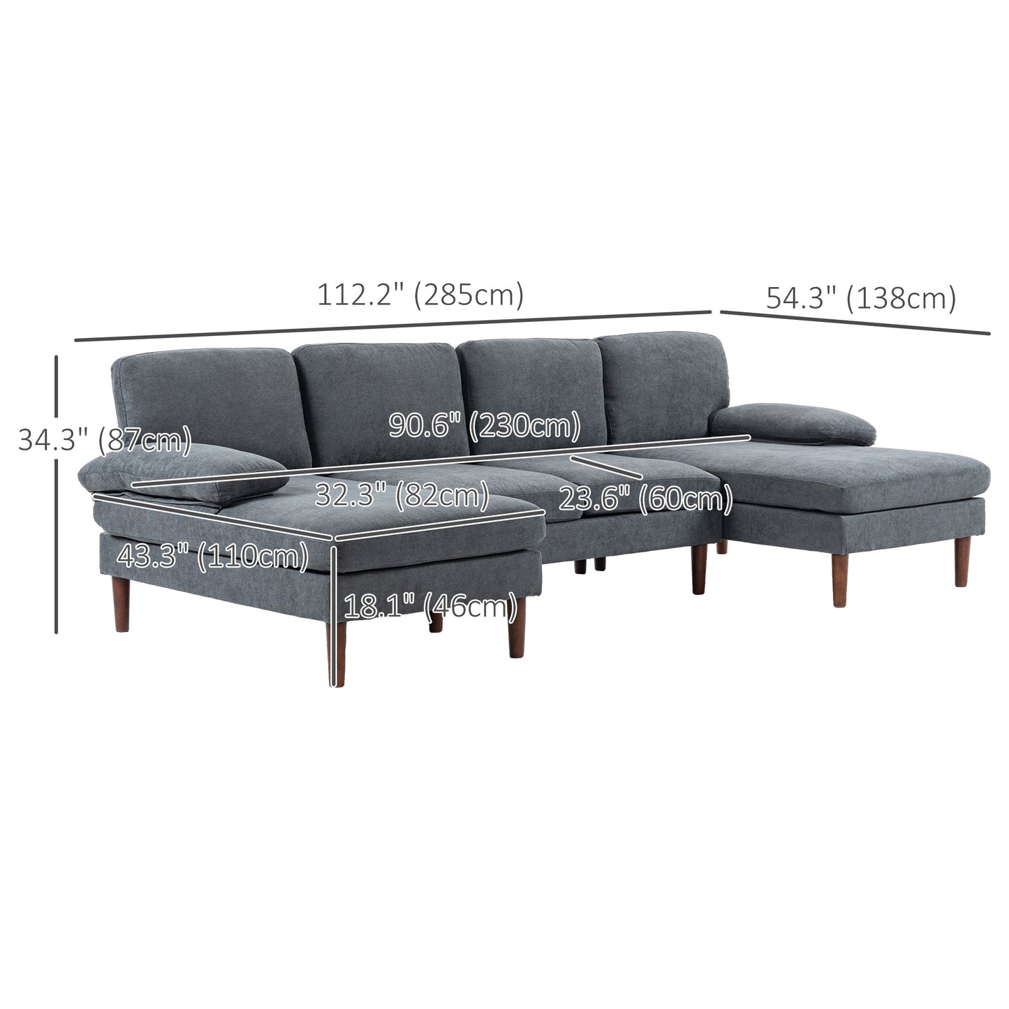 U-Shaped Sectional Sofa with Double Chaise Lounge, Dark Grey