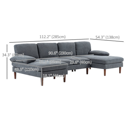 U-Shaped Sectional Sofa with Double Chaise Lounge, Dark Grey