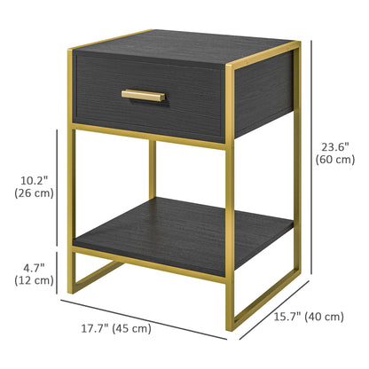 Modern Nightstands with Gold Steel Frame and Drawer, Black (Set of 2)