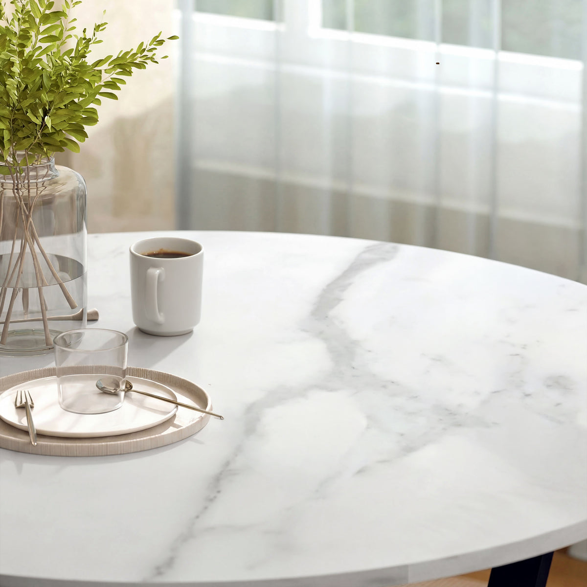 35" Round Dining Table with Metal Frame, White Marble