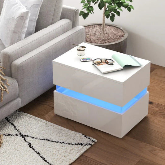 Large LED Nightstand with RGB Lighting and 2 Drawers, White