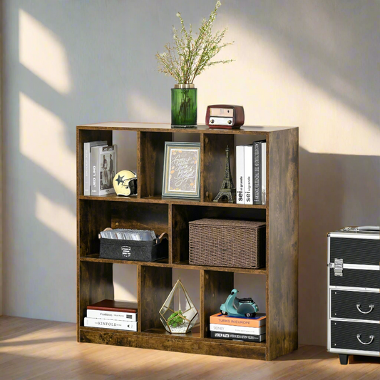 3-Tier Storage Bookcase with Staggered Dividers, Rustic Brown