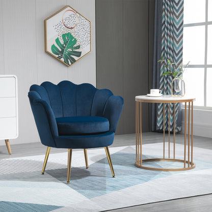 Modern Velvet Accent Chair with Lotus Backrest and Gold Legs, Blue