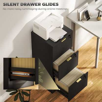 Lockable Filing Cabinet with 3 Fluted Drawers, File Cabinet with Adjustable Hanging Rails for A4 Letter Files, Black