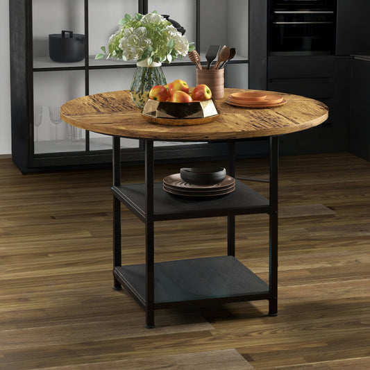 39" Round Industrial Dining Table with Storage Shelves for 4-6 People, Rustic Brown