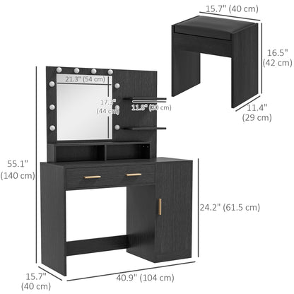 LED Vanity Table Set with Stool and Storage, Black