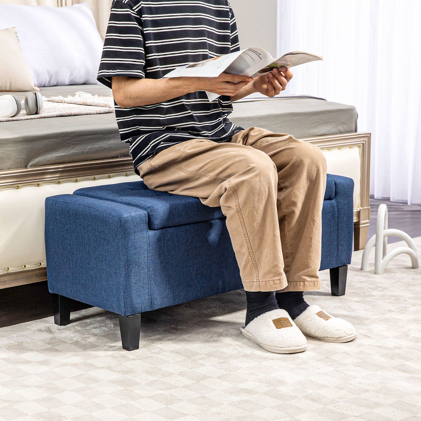 Linen Upholstered Storage Ottoman Bench with Tufted Design, Dark Blue