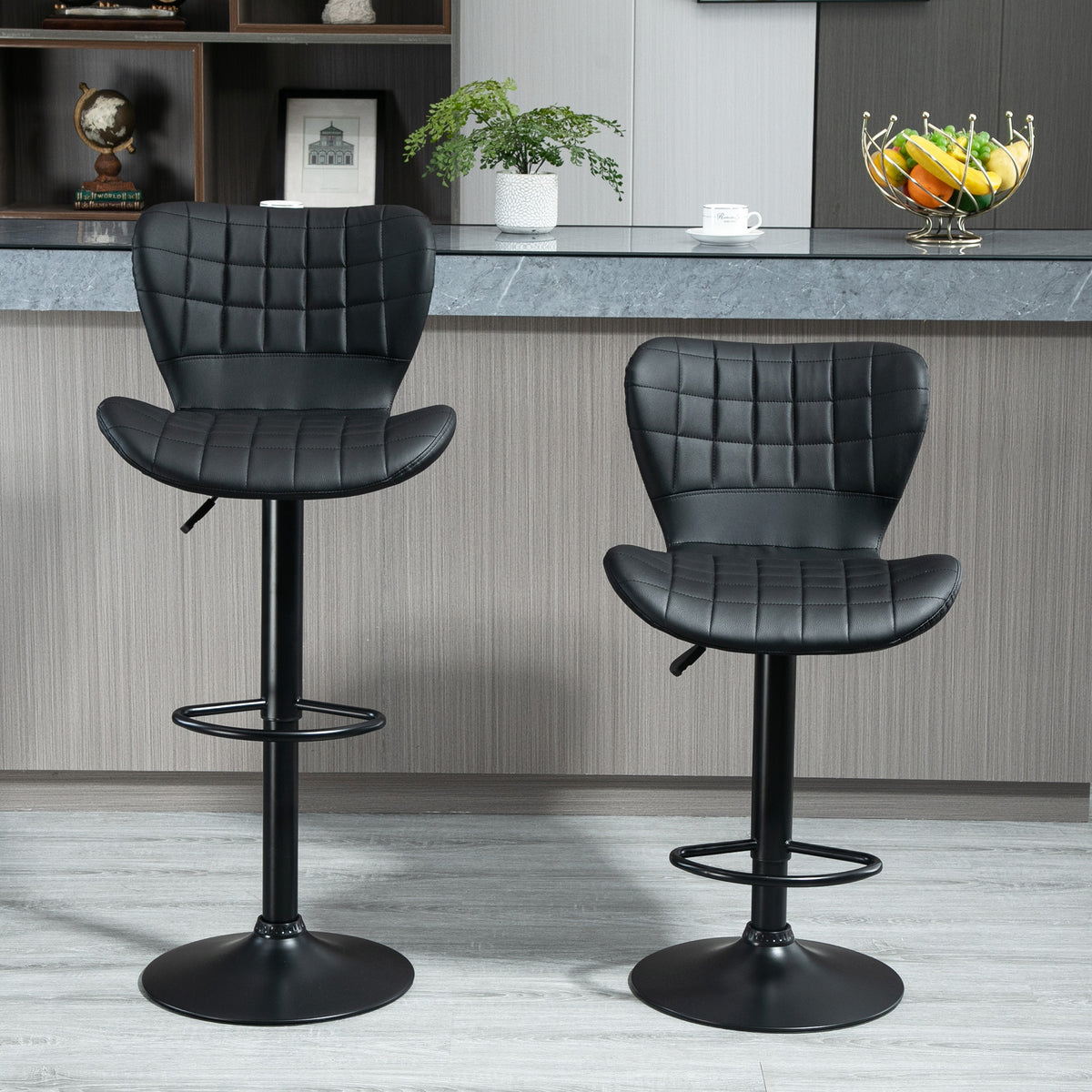 Adjustable Swivel Bar Stools with PU Leather Upholstery and Footrest, Black (Set of 2)