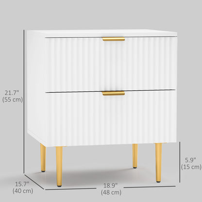 Modern Nightstand with Gold Finger Pulls and Fluted Drawers, White