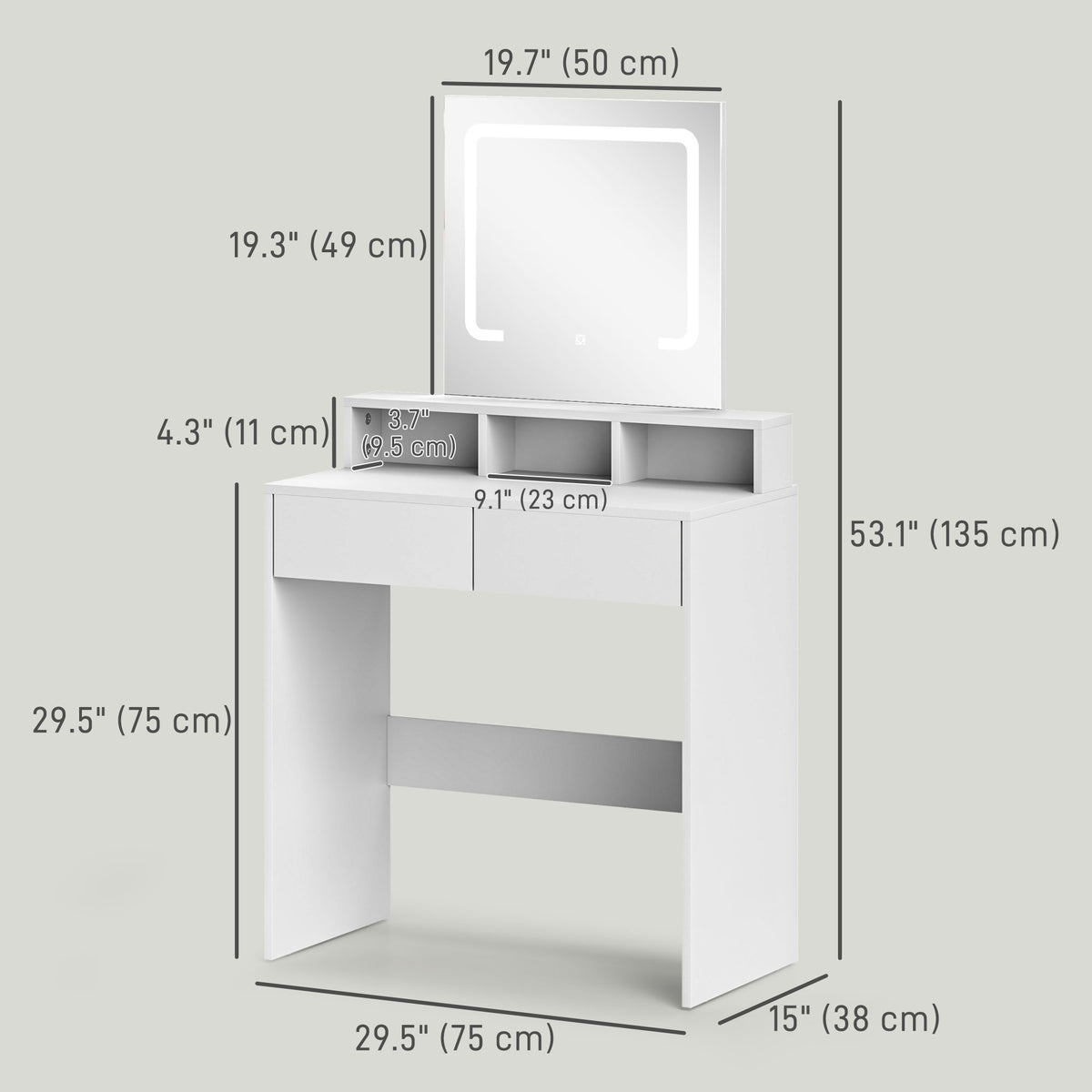 Makeup Vanity Desk with LED Mirror and Storage, White