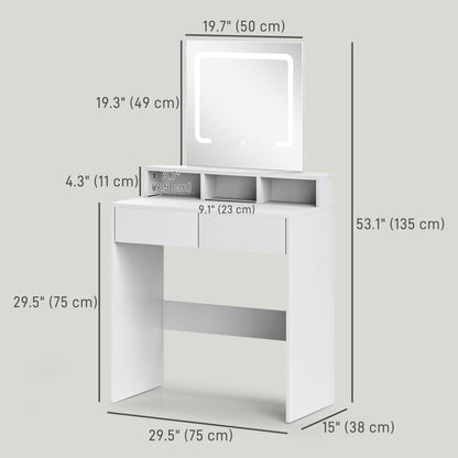 Makeup Vanity Desk with LED Mirror and Storage, White
